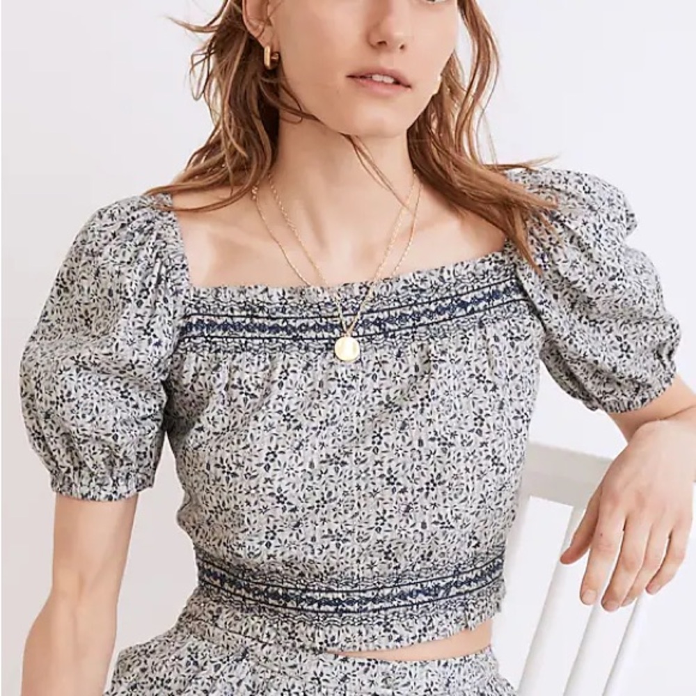 Madewell Blue and White Floral Smocked Square-Neck Blouse